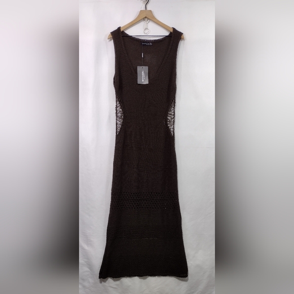 NWT PrettyLittleThing Crochet Plunged Maxi Dress Womens 10 Brown Boho Retro 90s - Picture 2 of 10